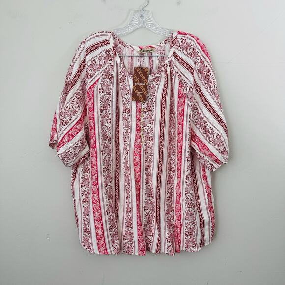 Unixseque Pink And White Floral V Neck Blouse Women’s Size 2XL - Picture 1 of 6